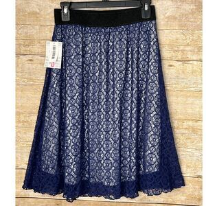 LULAROE LOLA BLUE LACE OVERLAY CASUAL DRESSY KNEE LENGTH BUSINESS CASUAL SKIRT S